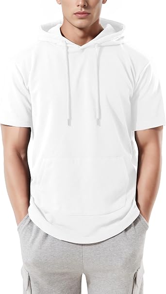 Ohoo Mens French Terry Hoodie Pullover Short Sleeve Lightweight Super Soft Hooded Sweatshirt