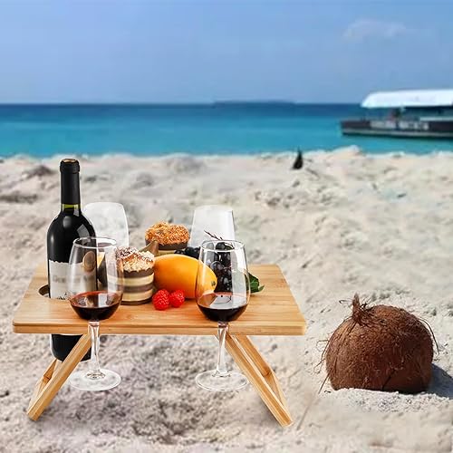 Miniatura 7 de Youeon Mesa de picnic portátil para vino con 5 soportes para copas de vino, mesa plegable de champán para aperitivos, mesa de vino y queso para