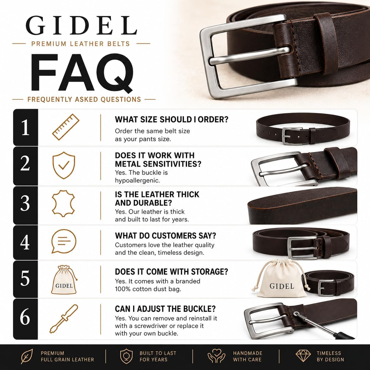 GIDEL Men’s Full Grain Leather Belt – Handmade, One-Piece Leather, 1.5” Wide For Jeans & Business Casual, Gift Pouch Includes