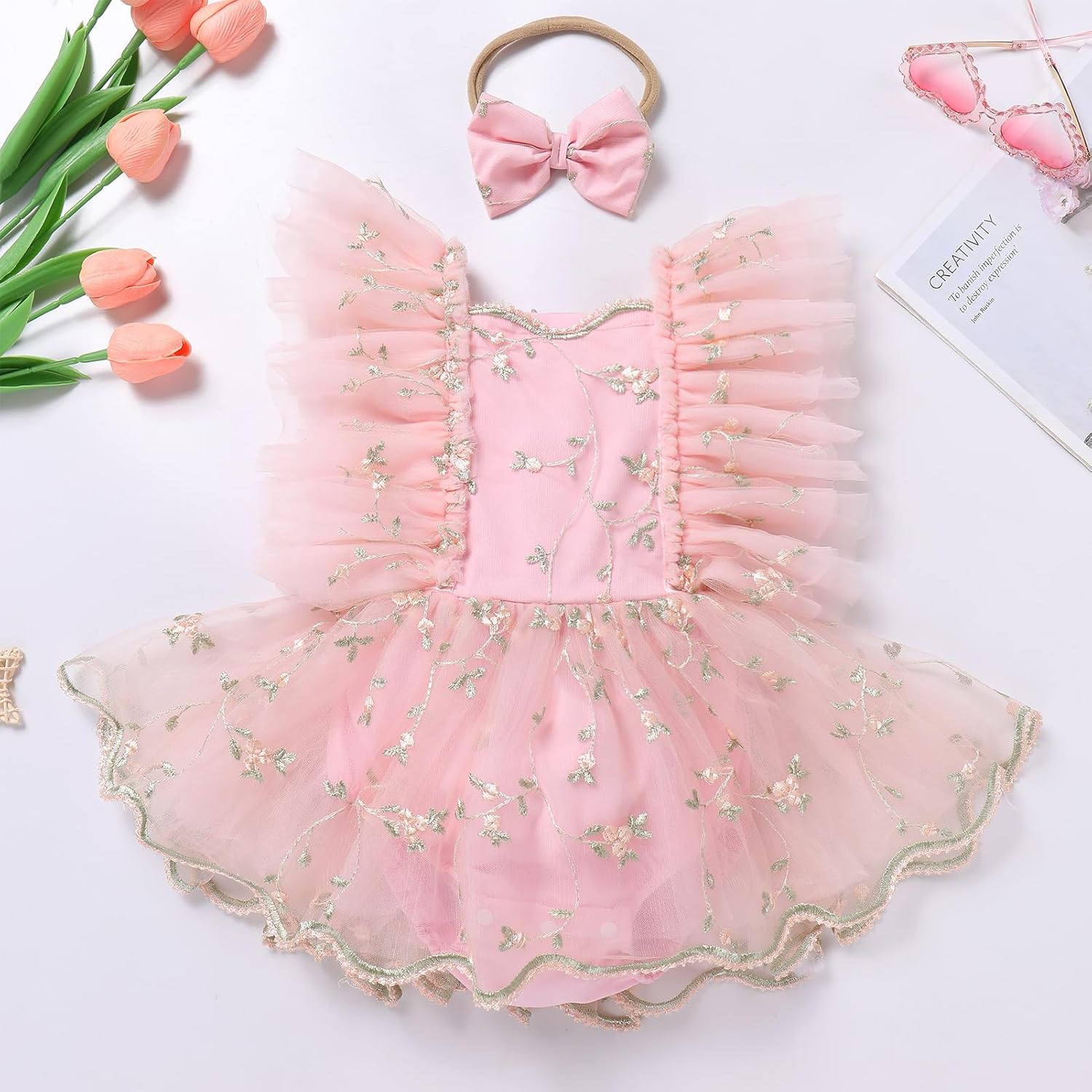 ODASDO Baby Girl Floral Embroidery Tulle Tutu Princess Romper Dress First Birthday Cake Smash Outfit with Bowknot Headband - Image 2