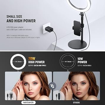 NEEWER 10 20W LED Ring Light with Desk Stand Phone Holder for iPhone Laptop, Bi Color 2900K-7000K, USB C PD Input, CRI97+ 1660LX/0.5m, Selfie Makeup TikTok Recording Video Conference Lighting, RH10B