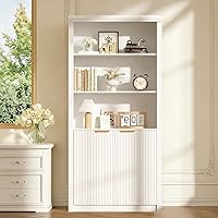 IDEALHOUSE 71" Tall 5-Shelf Bookcase with Doors, Adjustable Shelf, Modern White Wooden Storage Cabinet for Home Office Living Room