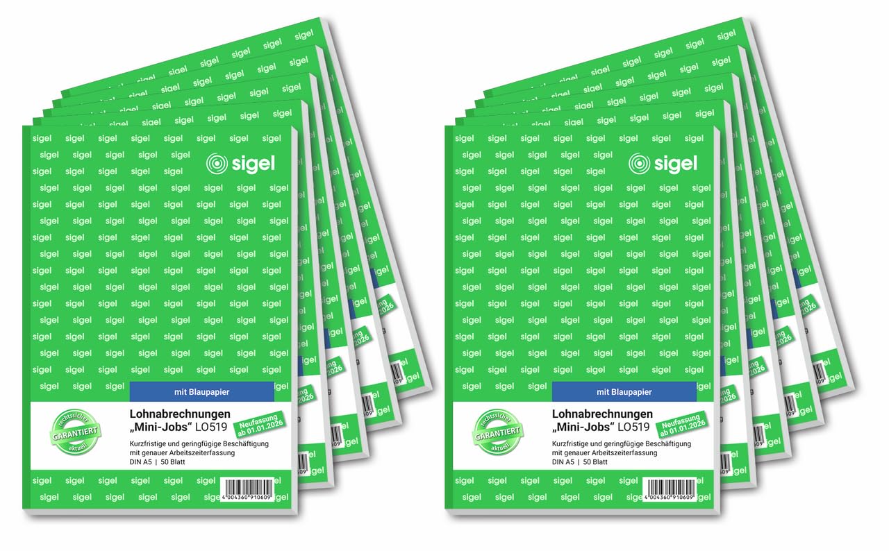 SIGEL LO519/10 Lohnabrechnungen für Mini-Jobs, für geringfügige / kurzfristige Beschäftigung, A5, 10er-Pack, 50 Blatt, mit Blaupapier