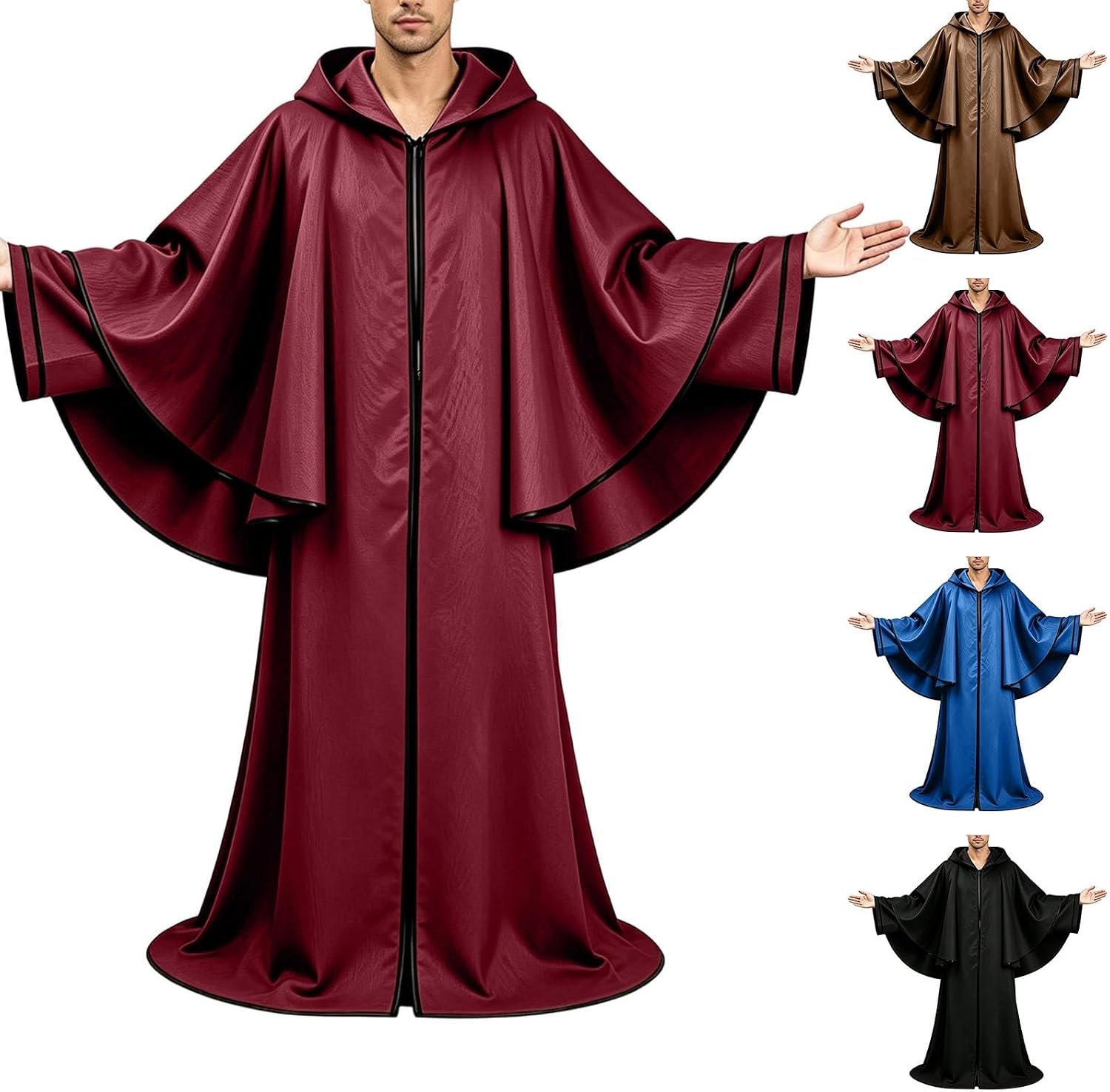 Men's Hooded Wizard Robe Full Zip Bell Sleeve Medieval Mage Cloak