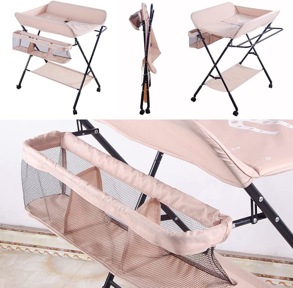 Fasciatoio Pieghevole per Neonato con Struttura Stabile,Fasciatoio per Bambini, Salva Spazio, per Cambio Pannolino,4 ruote con freno,con Scomparti Portaoggetti (80 * 66 * 98 cm rosa)