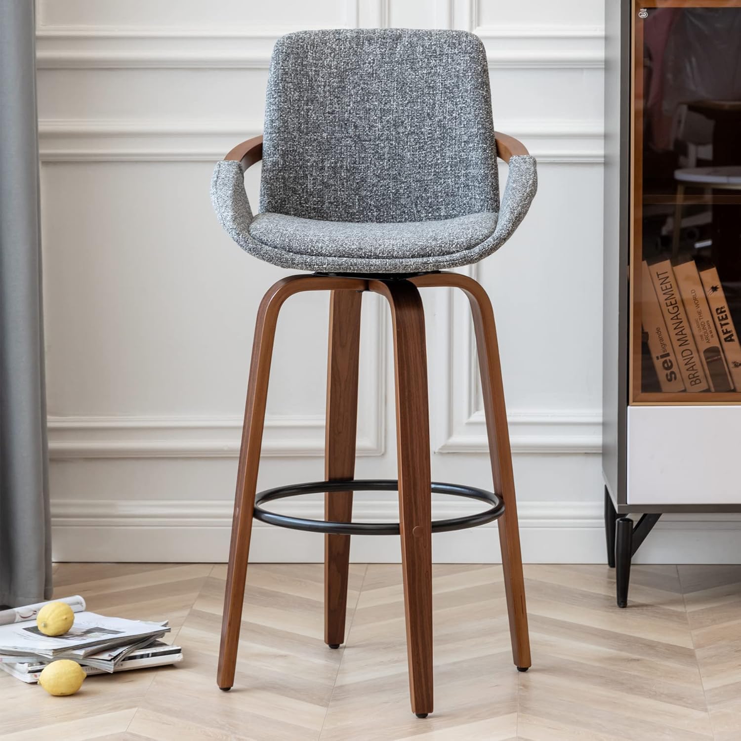 LUNLING 25.6" Bar Height Barstools Mid Century Modern Retro Bar Chairs Charcoal Grey Linen Look Fabric Upholstered and Walnut Wood Frame for Home Bar Furniture(Grey,1PCS)