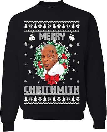 wild custom apparel Merry Chrithmith Mike Tyson White Christmas Crewneck, BLACK, 3XL