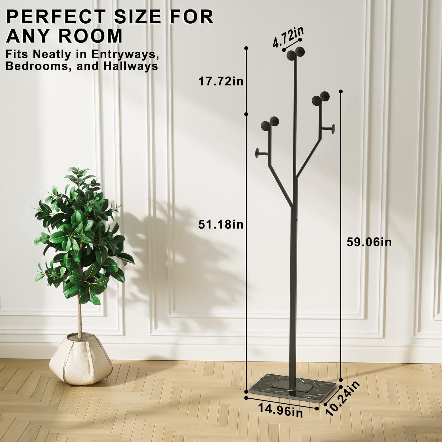 Coat Rack Stand, Freestanding Metal Coat Rack with Sturdy Marble Base, Modern Standing Coat Rack Tree for Entryway, Bedroom, Office & Hallway, Space-Saving Design, Black, 68.9 Inches Tall