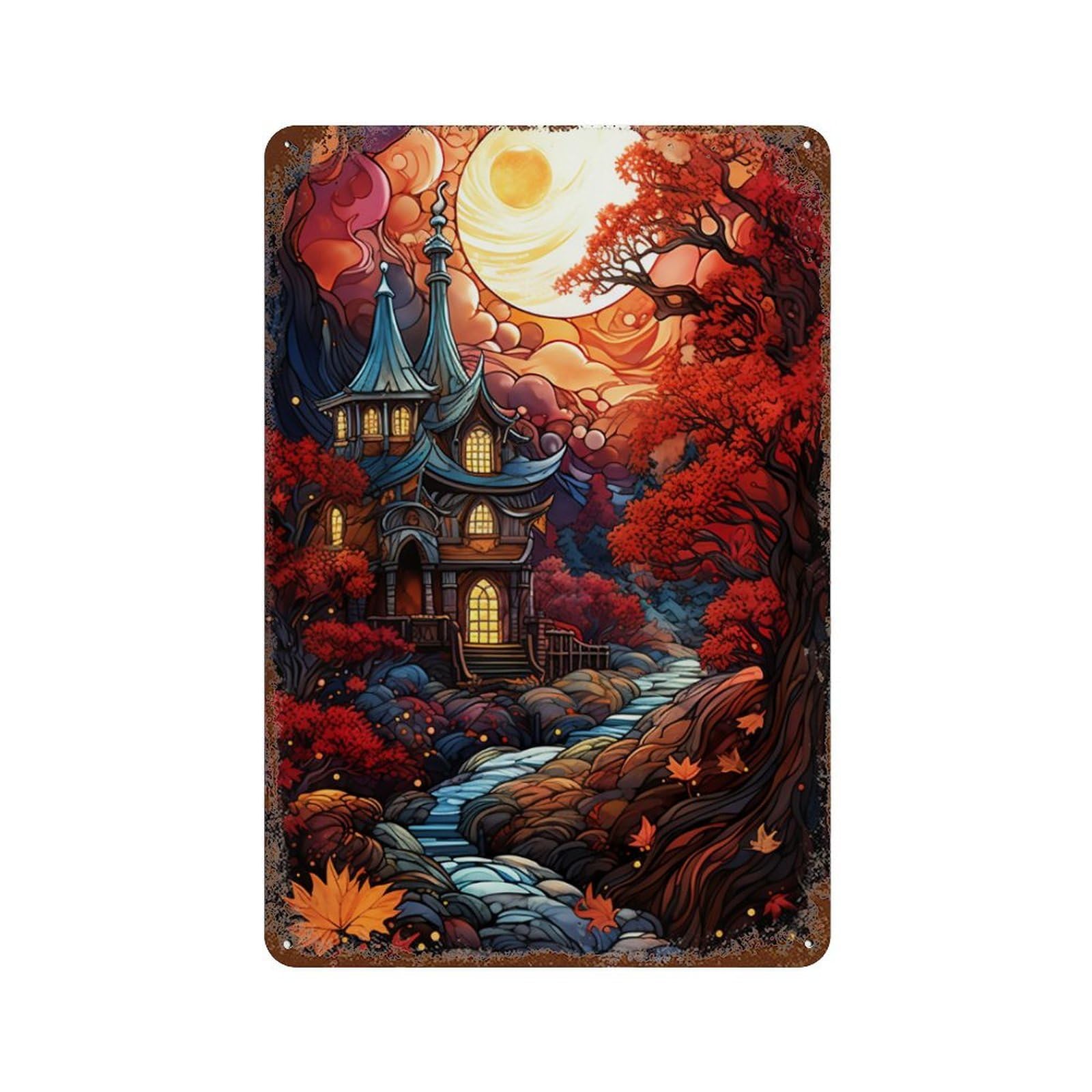 Garage Style Magical Autumn Castle Scene Rusty Metal Tin Sign 11.8"x7.9", Decorative Metal Wall Art for Bar And Workshop
