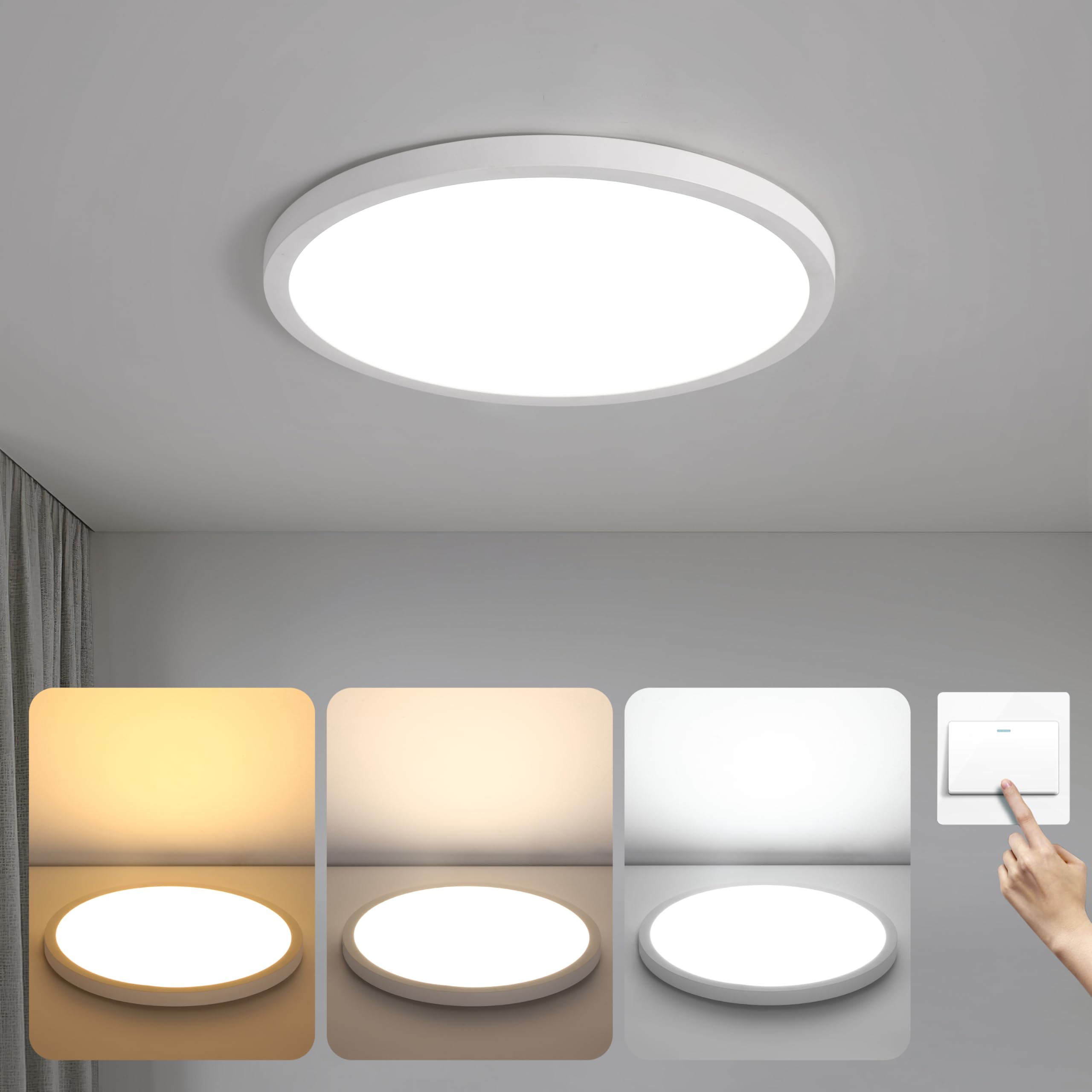 JhauvMw White Flush Mount Ceiling Light 12Inch, 2400LM Low Profile 24W, 3000K/4500K/6500K Selectable by Wall Switch, Ultra Slim Modern Round LED Ceiling Lamp Fixture for Bedroom, Kitchen, 1-Pack