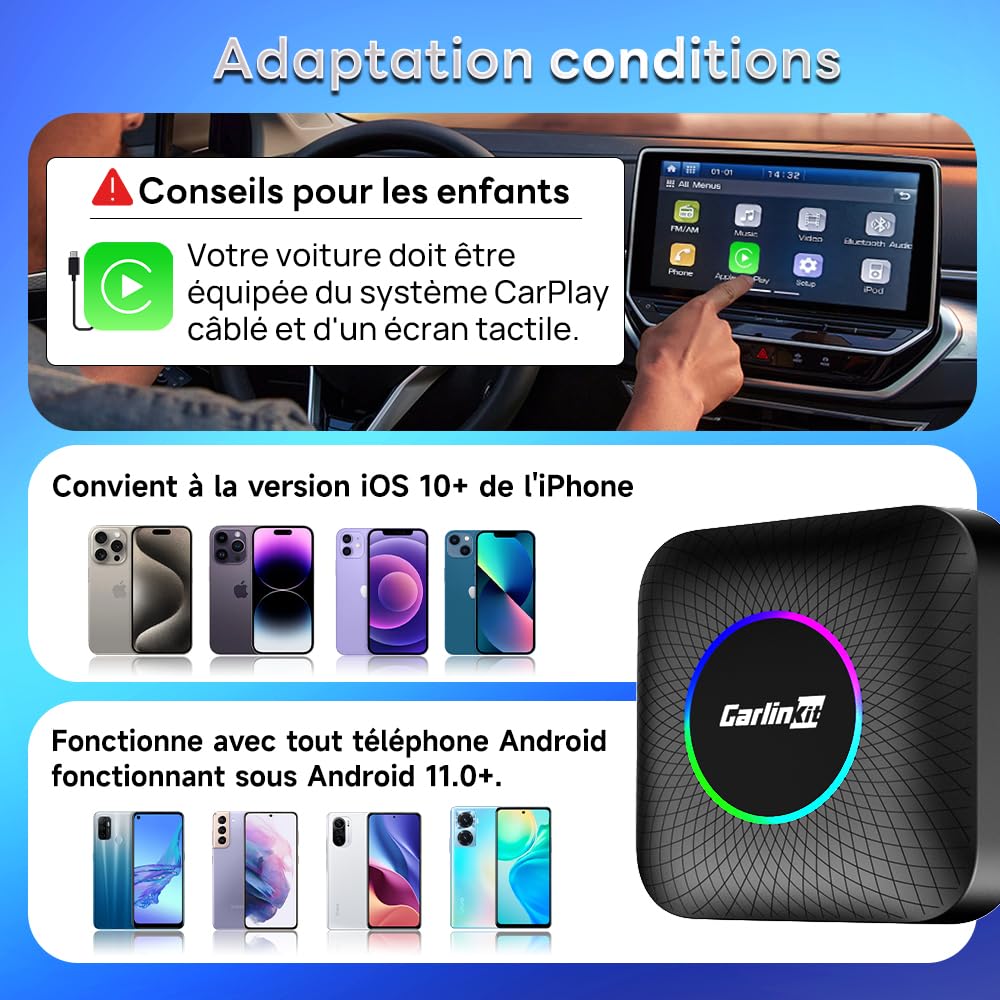 CarlinKit Wireless Carplay/Android Auto AIBox Adaptateur, adapté aux modèles CarPlay filaires, Le Produit intègre Le système Android 13.0 8+128G, Prend en Charge Youtube, Netflix, etc.