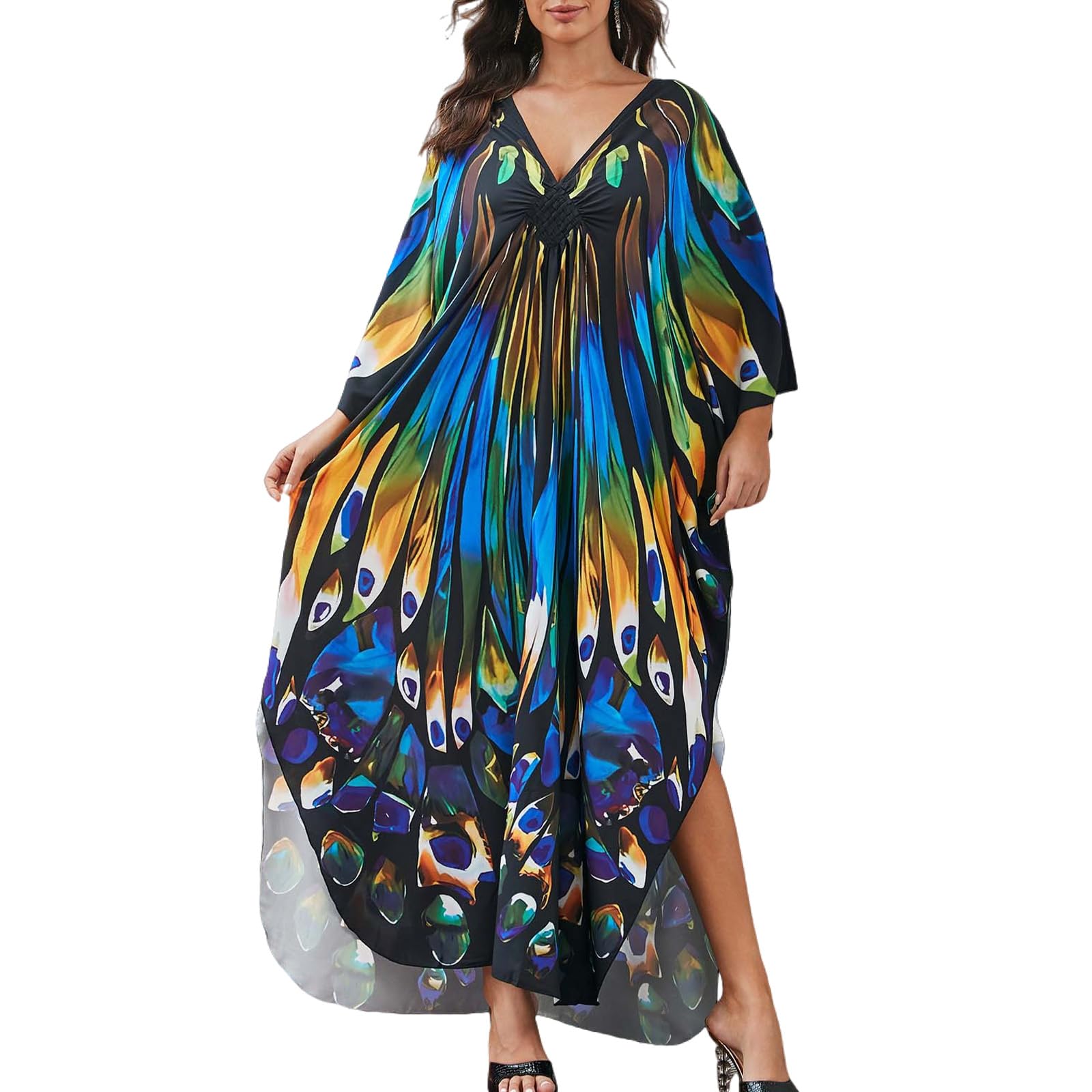 KAICAILA Bohemian Floral Caftan Kimono Cover-Up for Beach & Holiday