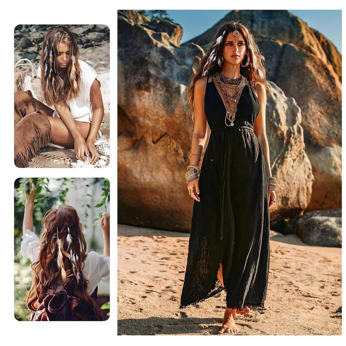 Boho Hippie Clips Cabello Plumas, 6PCS Mujer Pluma Extensiones, Accesorios Festival Halloween