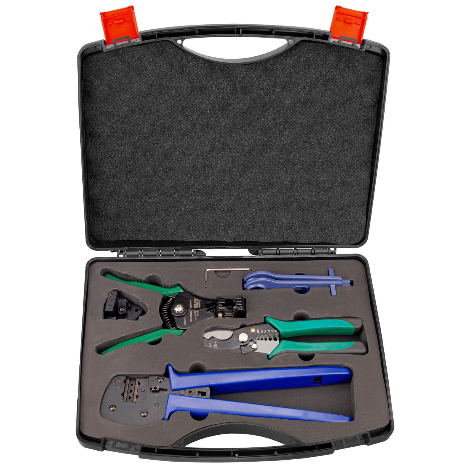 hb-digital Kit d'outils de montage solaire : 1 pince à sertir professionnelle pour lamelles de contact MC4 Ø 2,5/4/6 mm² + 1 outil de dénudage automatique Ø 2,5/4/6 mm² + 1 coupe-câble + 2 clés