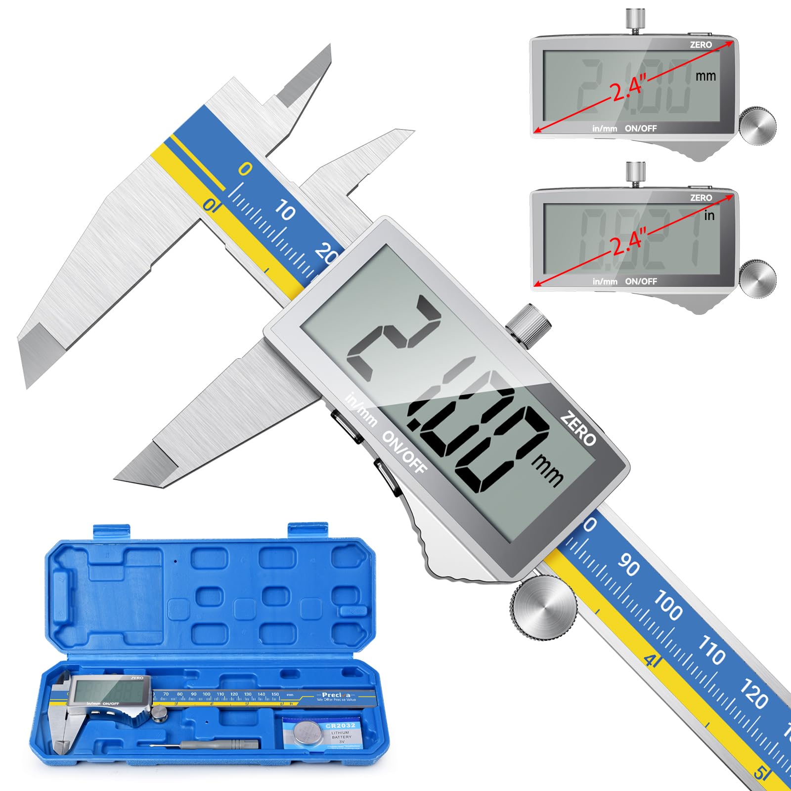 Pie de Rey Digital,Preciva Calibrador digital electrónico de acero inoxidable de 150mm/6pulgadas,Gran Pantalla LCD,Micrómetro de alta precisión,Medida de Diámetro Interior,Exterior,Profundidad