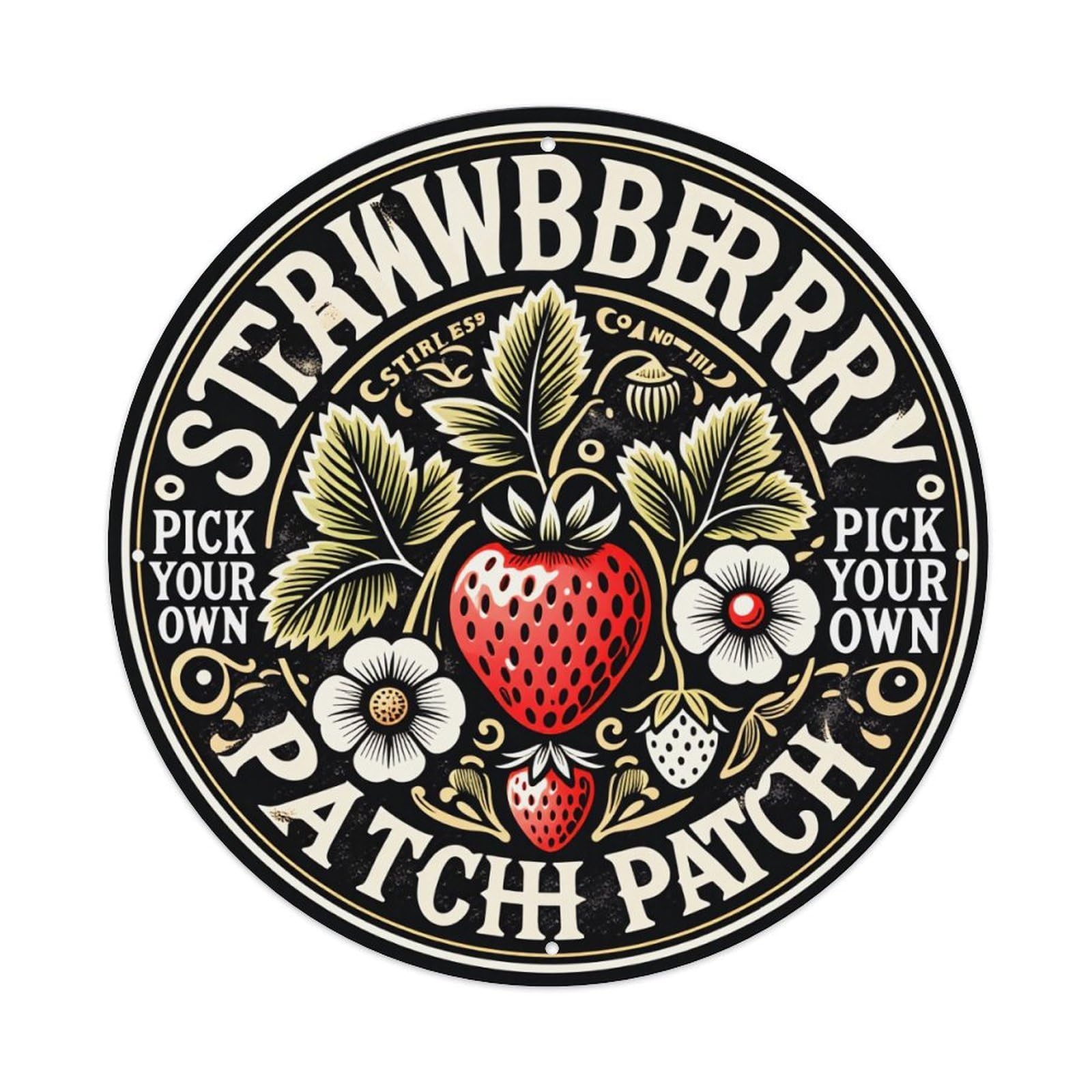 Strawberry Patch Pick Your Own Round Tin Sign Vintage Metal Poster Retro Bar, Home, Man Cave, Kitchen, Laundry Room Wall Art Decor Gift 8x8Inch