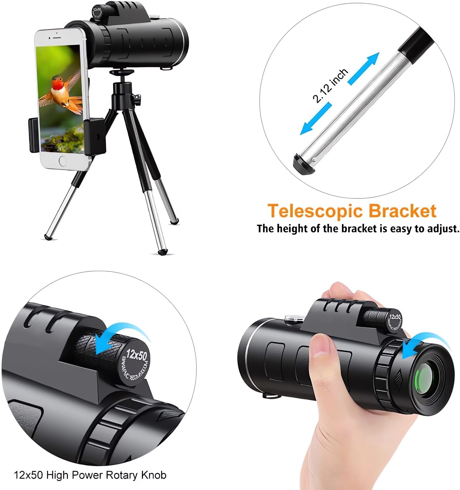 Monocular, Télescope monoculaire 12X50,Telescope Monocular, Monoculaire HD avec Trepied pour Smartphone pour l'Observation des Oiseaux Concerts Chasse