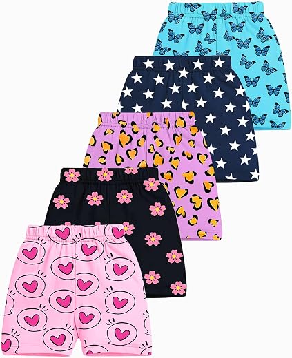 Kuchipoo Girls Cotton Printed Shorts | Elastic Waist | Summer Wear Shorts for Kids | Pack of 5