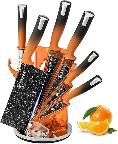 Juego de 8 cuchillos de cocina naranja, juego de cuchillos de chef profesional, juego de bloques de cuchillos de acero inoxidable con pelador y