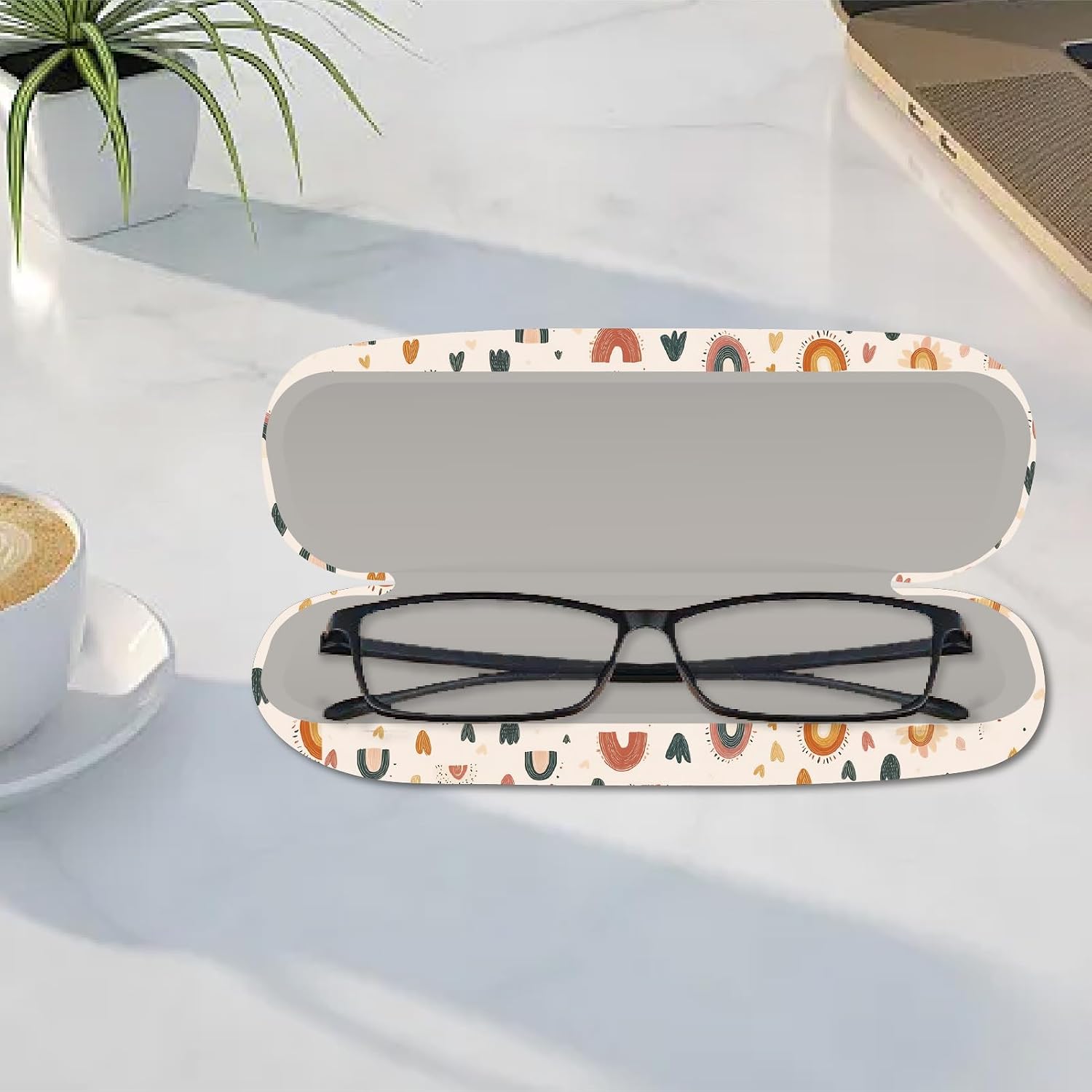 CREATCABIN Boho Hard Shell Eyeglasses Case Leather Sunglasses Case Portable Slim Glasses Case Clamshell Protective Case Holder Pouch Cover with Cleaning Cloth for Women Men Rainbow 6.4x2.5x1.5 Inch image 4