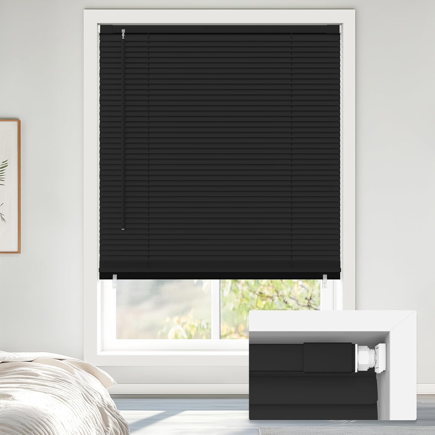 LazBlinds No Tools No Drill Cordless 1" Vinyl Mini Blinds, 100% Blackout Blinds for Indoor Windows, Room Darkening Privacy Window Blinds and Shades for Interior, 30 1/2" W x 64" H, Black Black 30.5" W x 64" H