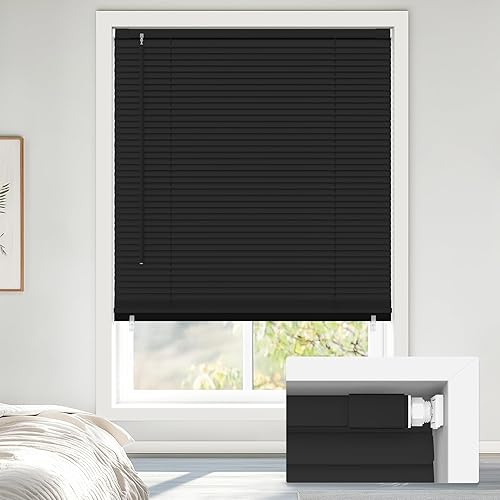 LazBlinds No Tools No Drill Cordless 1" Vinyl Mini Blinds, 100% Blackout Blinds for Indoor Windows, Room Darkening Privacy Window Blinds and Shades for Interior, 26" W x 64" H, Black