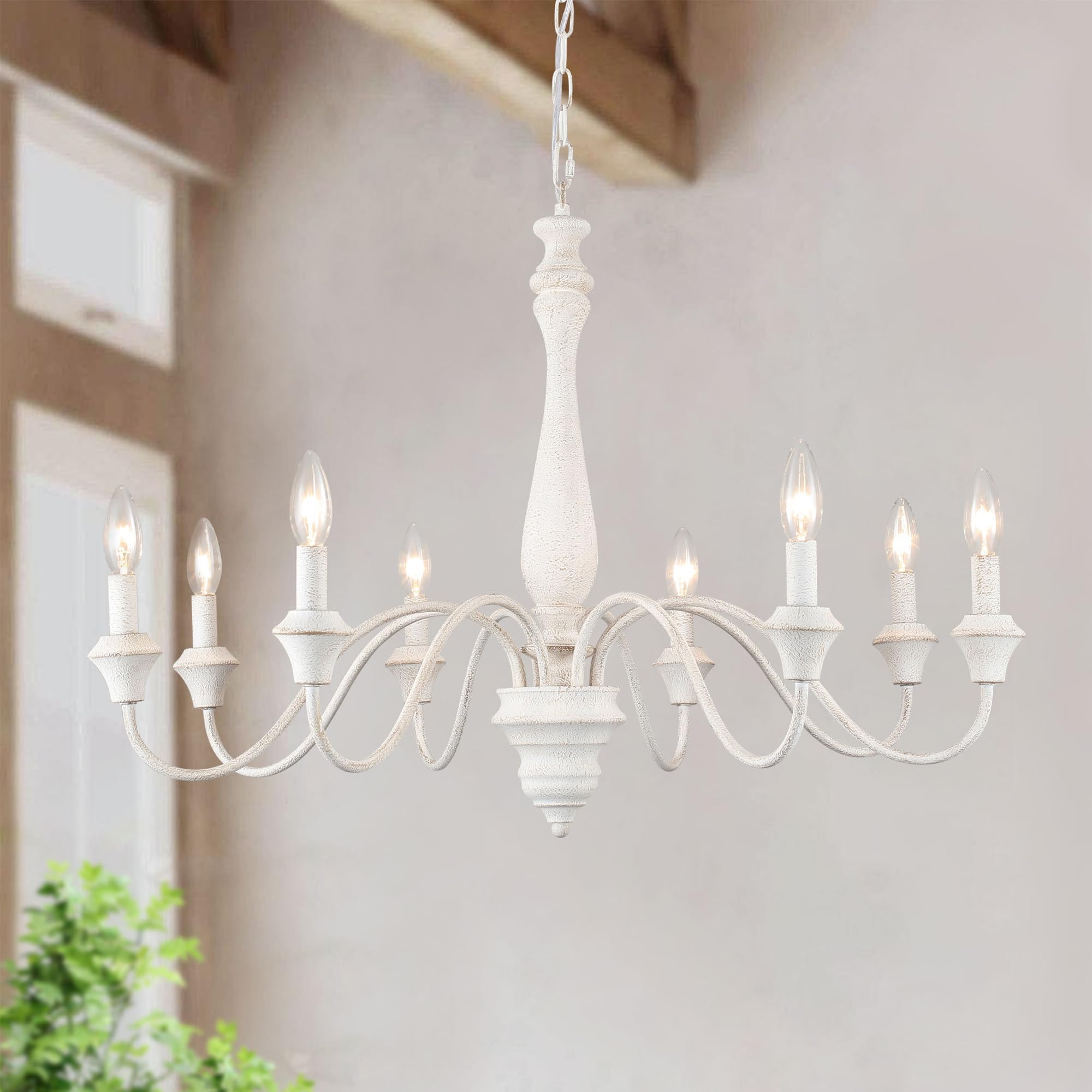 Photo 1 of White Farmhouse Chandelier 8 Lights 31.5” Large Distressed Wood French Country Chandelier for Dining Room Chandelier Candle Pendant Light Fixtures Ceiling for Kitchen Living Room Bedroom Foyer