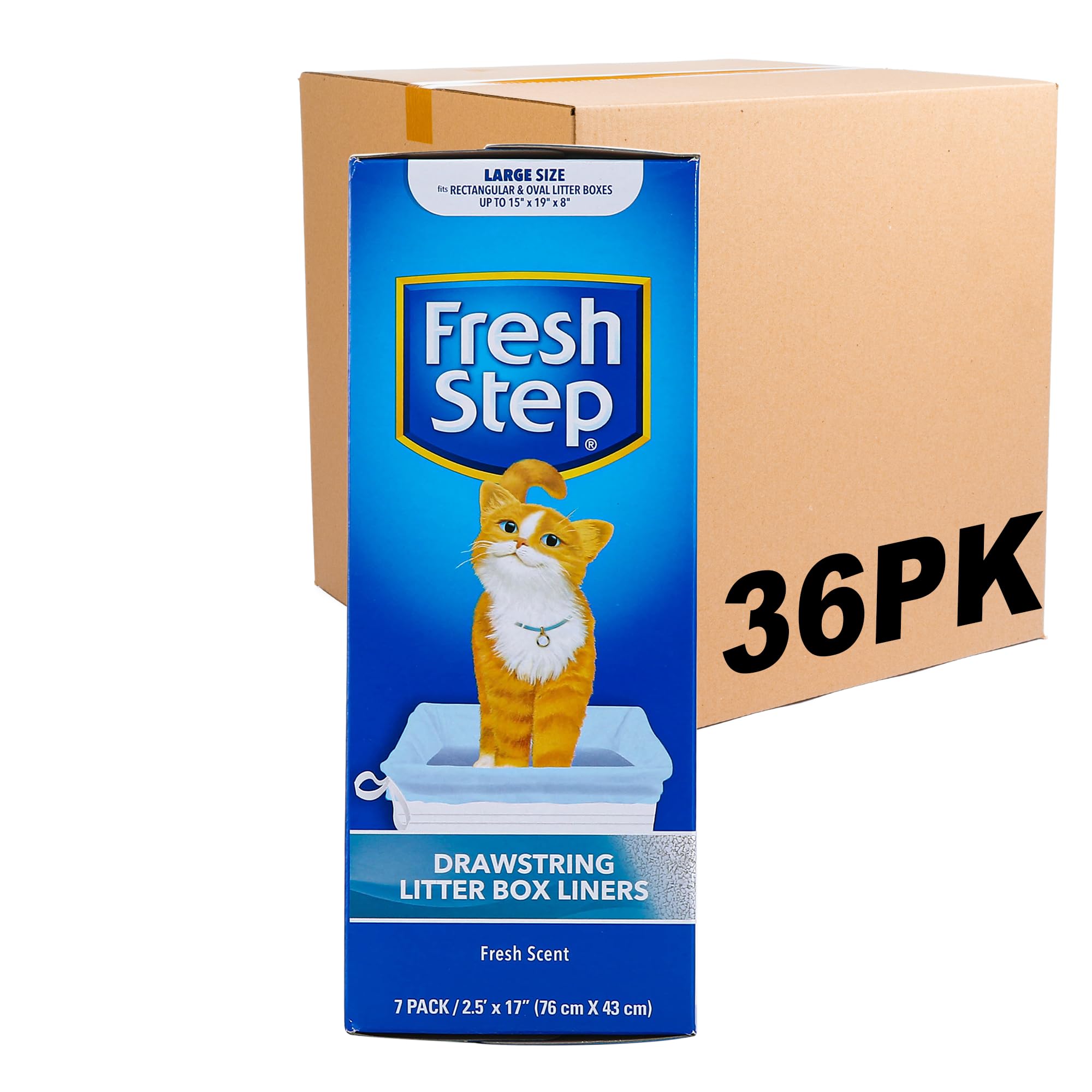 Fresh Step Drawstring Cat Litter Box Liners, Scented Heavy Duty Kitty Litter Bags for Large Oval & Rectangle Pans, Odor Control, Easy Lift-Out, 2.5 ft x 17 in, 7 Count, 36 Pack