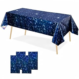 OQOQ Space Decorations Iridescent Tablecloth (Starry Blue, 4 Packs), Space Star Galaxy Iridescent Party Decorations Table Cloth Disposable Plastic Waterproof Rectangular Table Cover 54x108 Inches