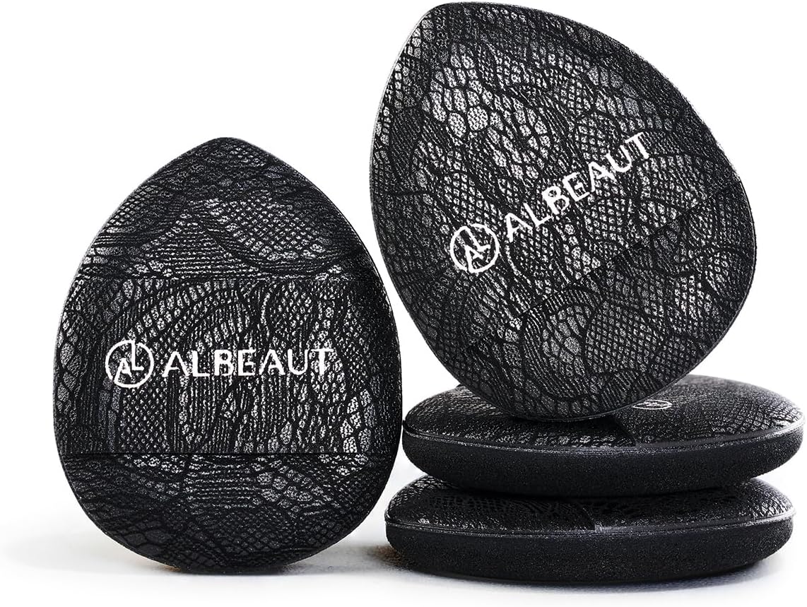 ALBEAUT Mini Puff Puff, 4 aplicadores de maquillaje en forma de lágrima con ajuste para los dedos | Úselo con corrector, rubor en crema e iluminador, y soplo de detalle de precisión para debajo de los ojos y la nariz.