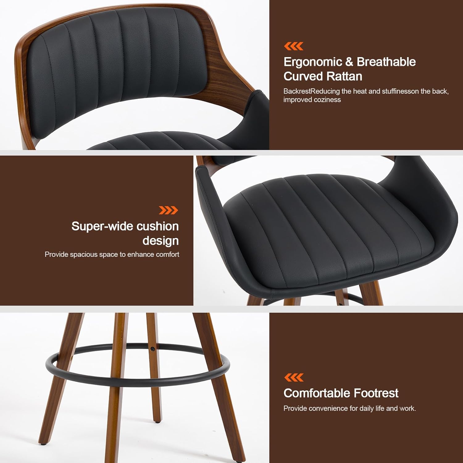 Misshappy Swivel Bar Stools Set of 2, Walnut Counter Height Bar Stools with Back and Arms, Modern Faux Leather Upholstered Bar Chairs for Kitchen Island Bar (Black)