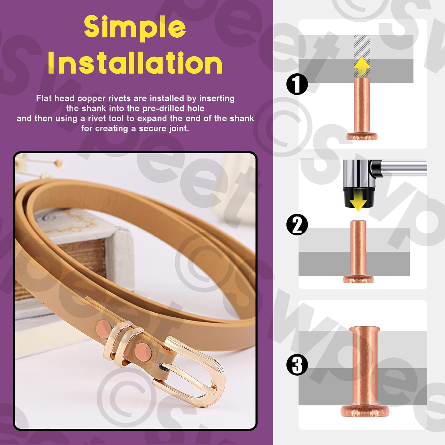 Swpeet 270Pcs M2 M2.5 M3 Flat Head Copper Solid Rivet Metal Fasteners Set, Copper Solid Rivets Rivet Fastener Ideal for Electrical Applications Belts Wallets Collars Leather DIY Craft Supplies