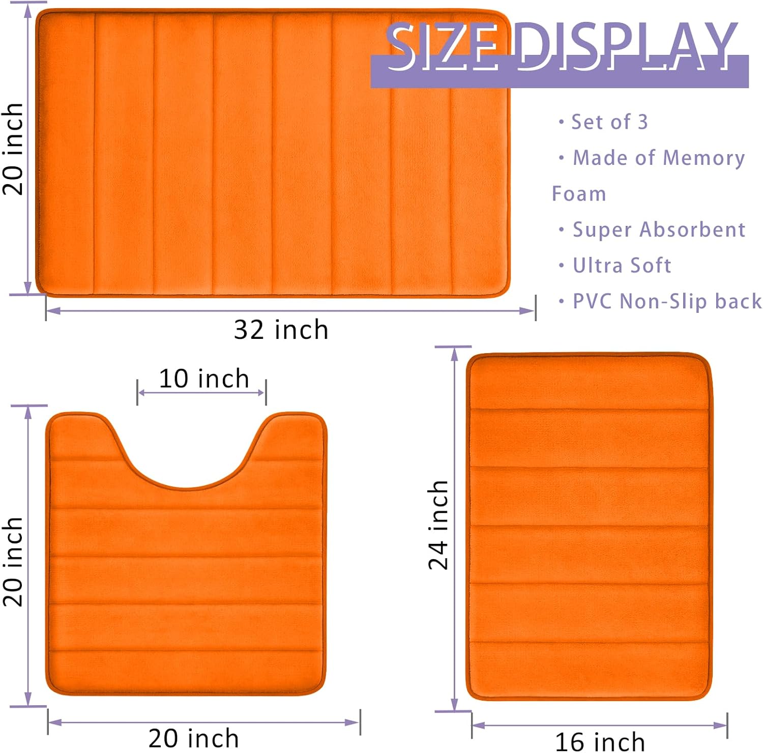 Orange Bathroom Rugs Extra Soft Memory Foam Bath Mat Sets 3 Piece Non Slip Absorbent & Dry Living Mat Sets Washable Bath Carpets with Toilet Rug,Bath Rugs for Bathroom,Tub,Shower,Kitchen,Bedroom