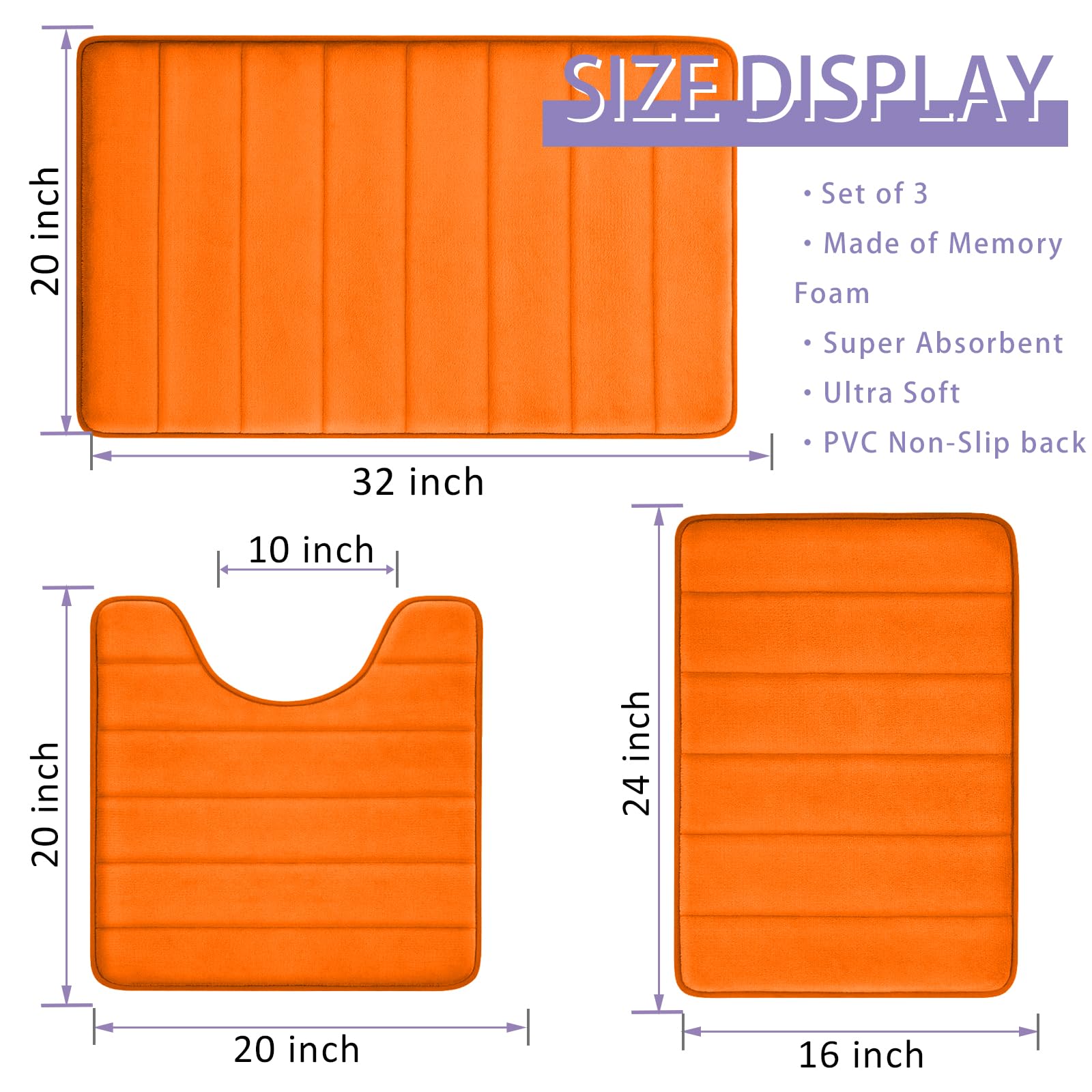 Orange Bathroom Rugs Extra Soft Memory Foam Bath Mat Sets 3 Piece Non Slip Absorbent & Dry Living Mat Sets Washable Bath Carpets with Toilet Rug,Bath Rugs for Bathroom,Tub,Shower,Kitchen,Bedroom