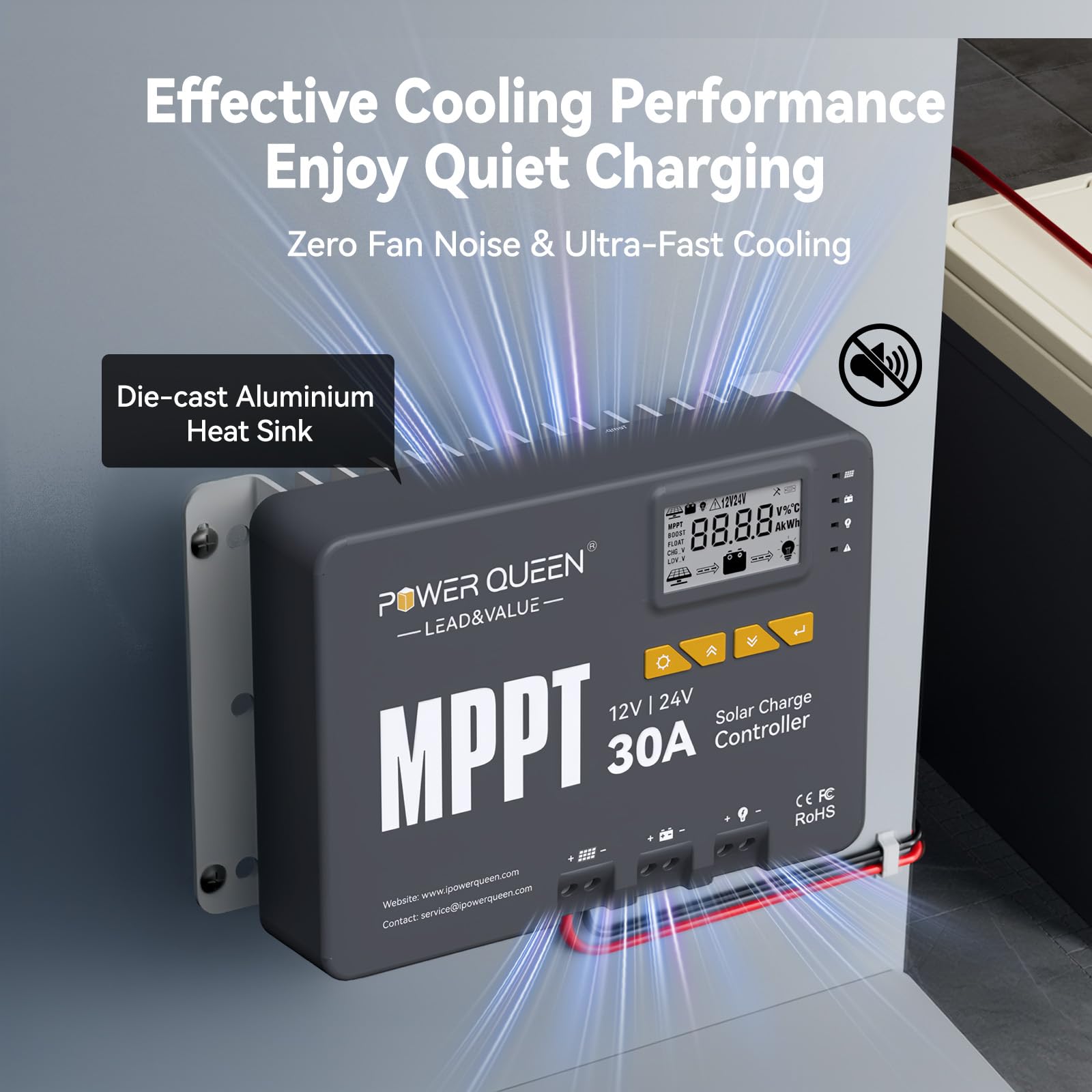 Power Queen 12/24 V 30A MPPT Regolatore di carica solare, potenza di ingresso max. 900 W, modulo Bluetooth integrato, display LCD, standard per batteria LiFePO4 e compatibile con batterie sigillate al