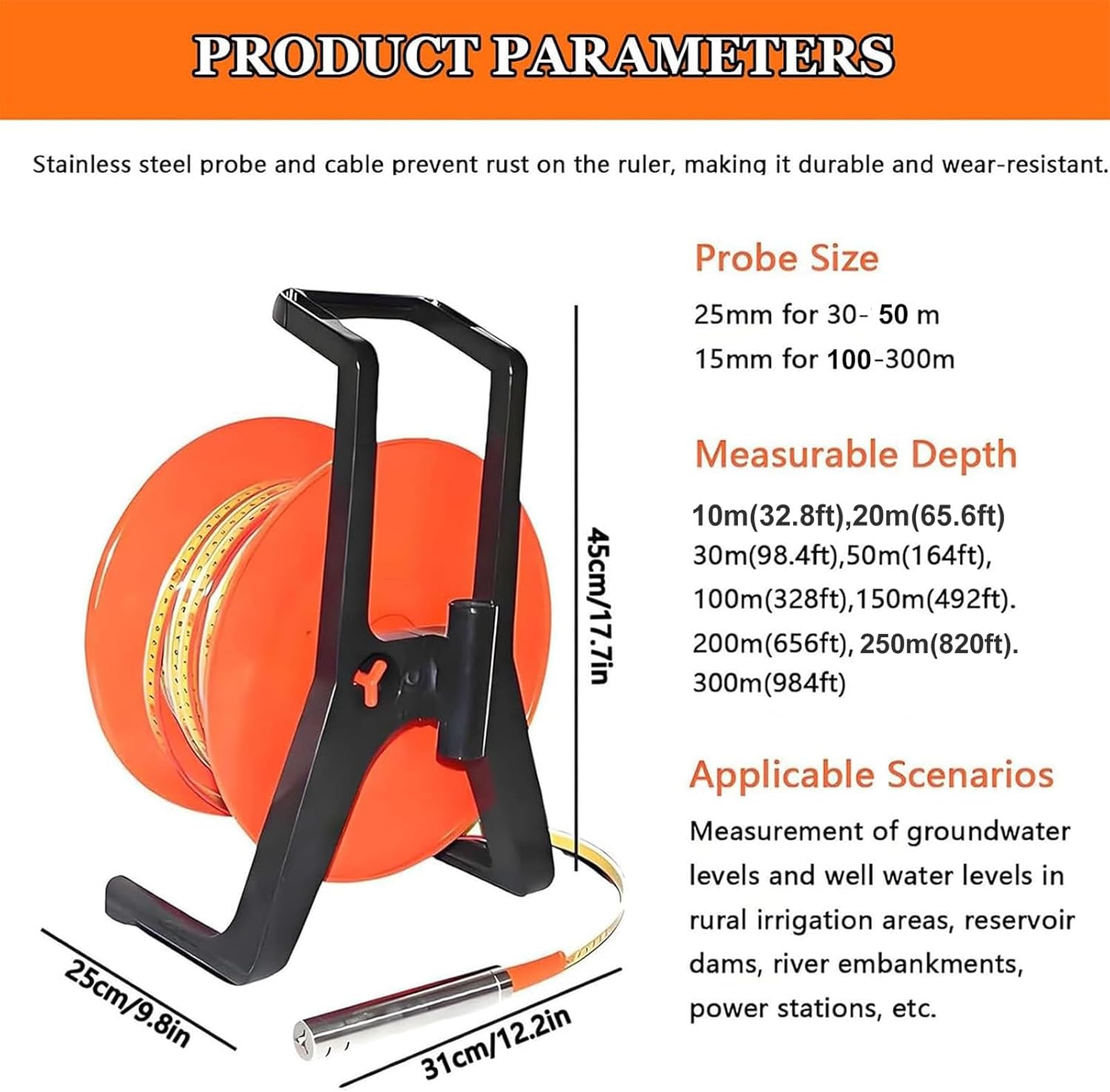 Water Level Meter 0.6/0.98 Inch Probe Diameter Groundwater Level Measuring Instrument with Fixed Probe and Steel Tape for Wells Boreholes Reservoirs and Pipes(10m(32.8ft))