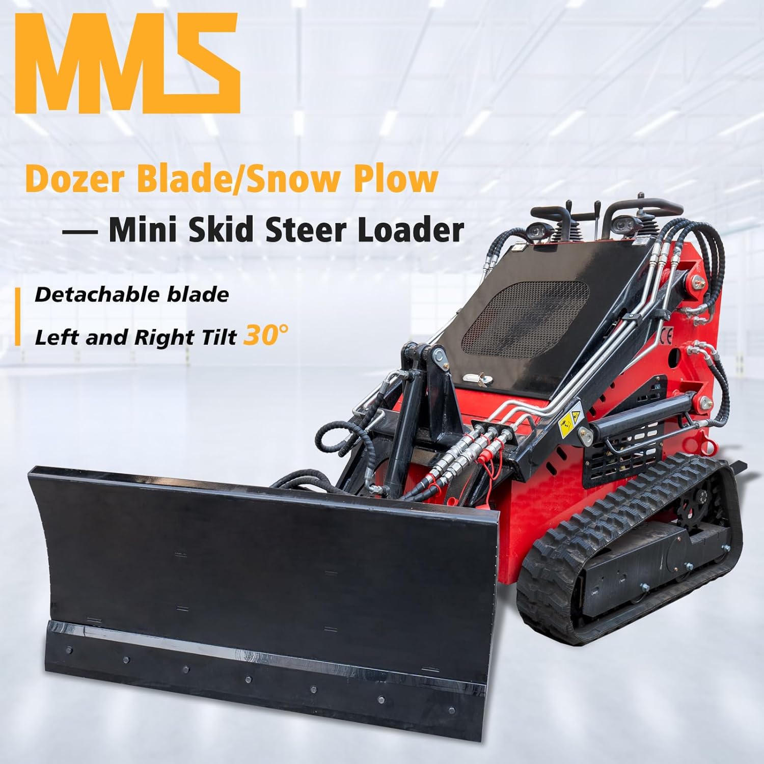 MMS Mini Skid Steer Loader Attachments Hydraulic Dozer Blade, 43" Wide Snow Plow Blade, Max Tilt Angle of 30 °, Loader Accessory for Handling Snow, Accumulated Soil and Debris