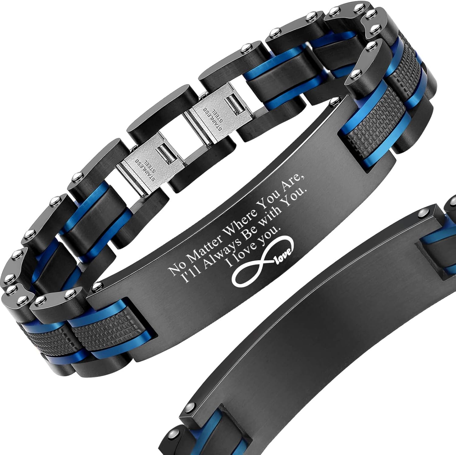 Holizaly Men's Curved Brand Bracelet, Black and Blue Ion Plated Black Gifts Men Women Birthday Valentine's Day Jewelry Gifts Husband Boyfriend Son