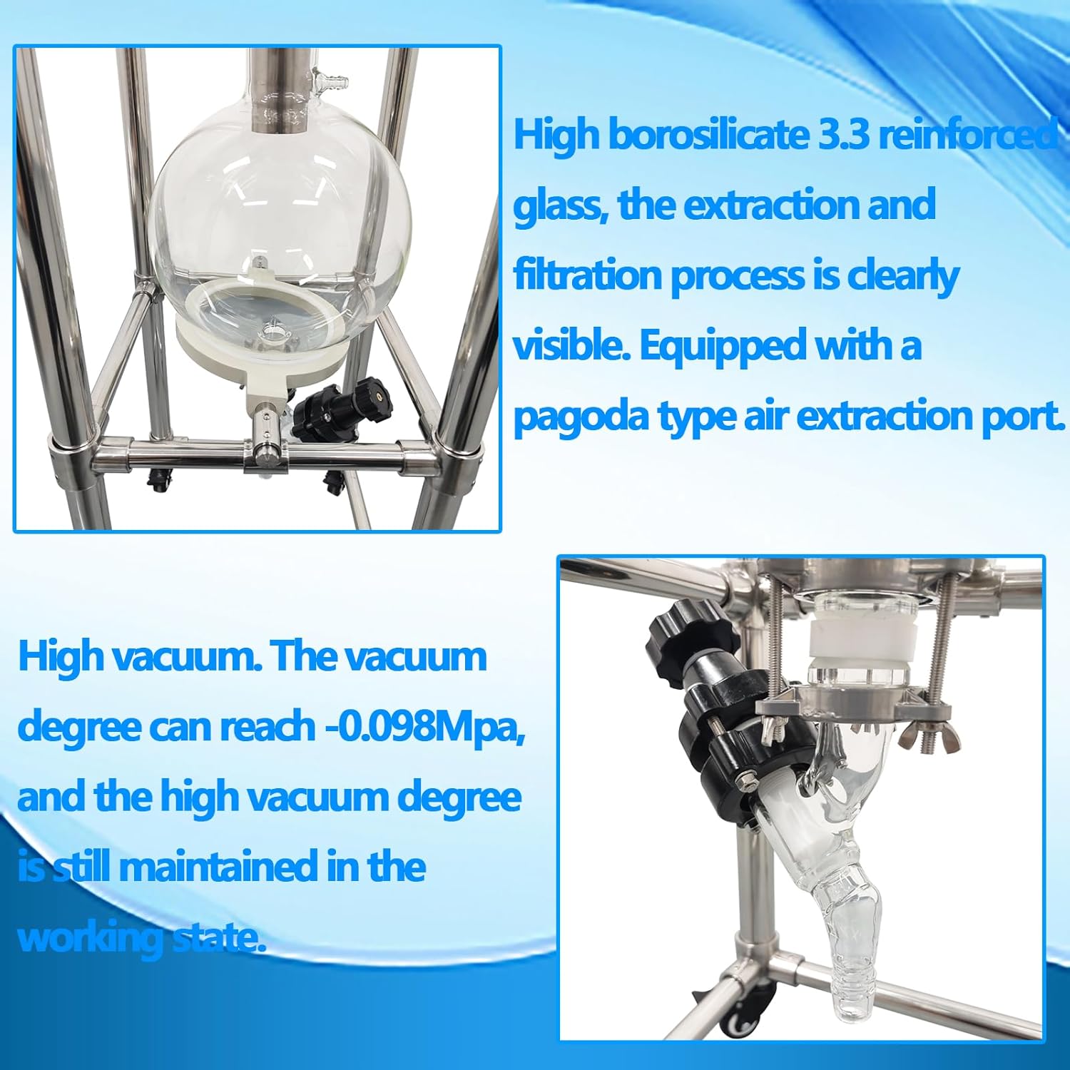 10L Glass Funnel Vacuum Filter Stainless Steel Vacuum Suction Filter Lab Vacuum Buchner Funnel for Liquid-Liquid Extraction Room Temperature Reaction