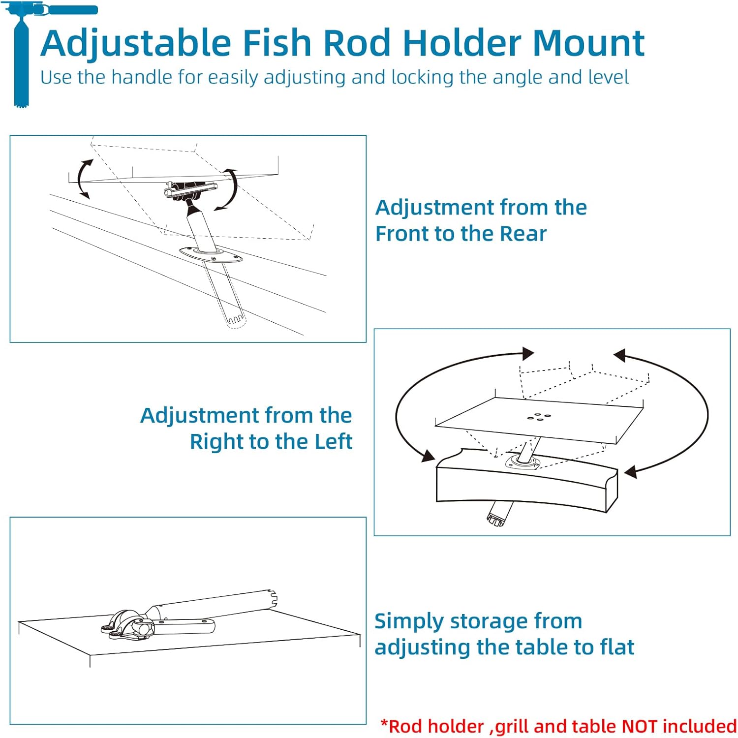 Grill Mount Rod Holder Mount for Boat Marine Rectangular Grills/Single Mounting Bait/Filet Tables/Boat Cutting Board, All-Angle Adjustable Level Table Mounting,for Fishing Boat BBQs Barbecue