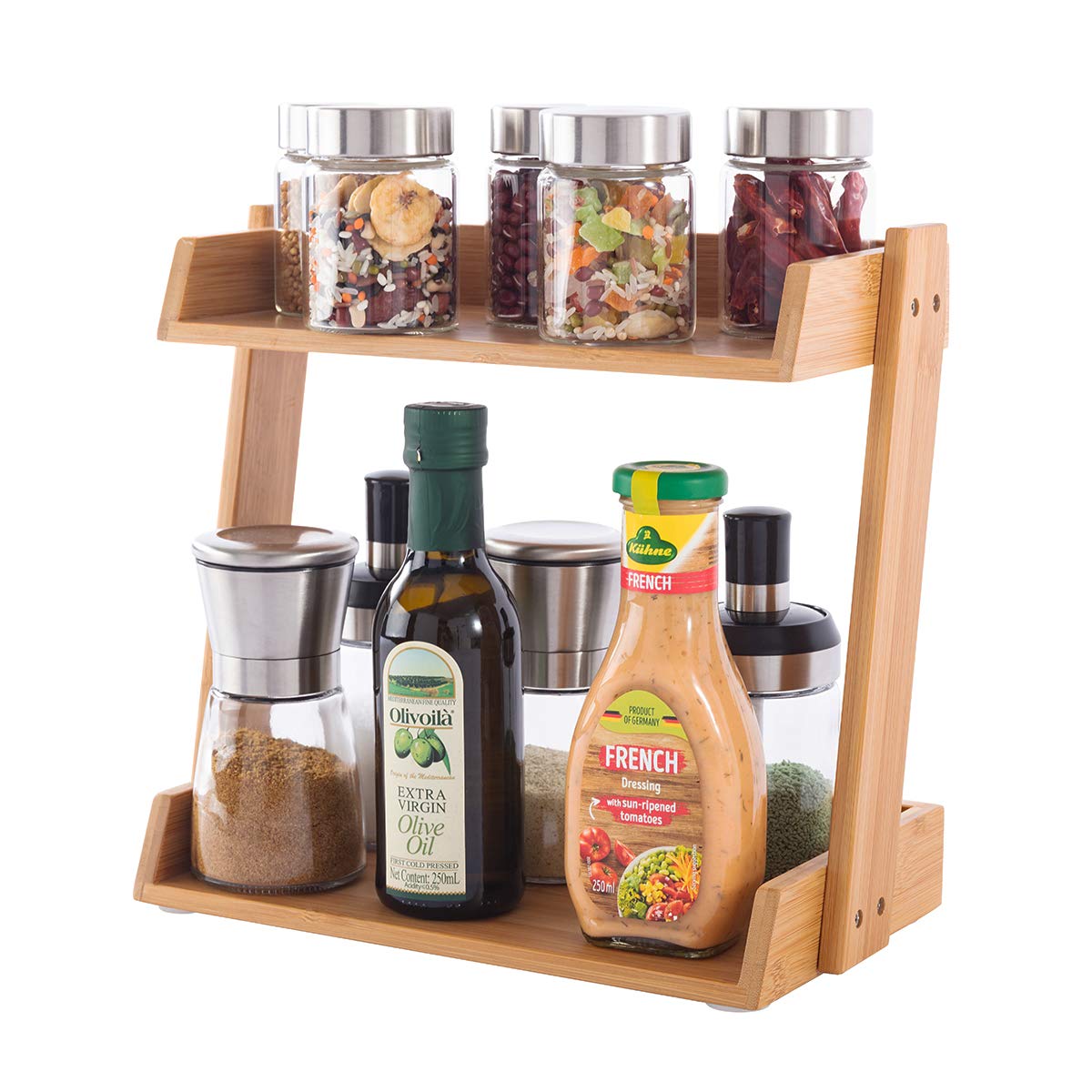 Spice Rack Organizer 2-Tier Kitchen Countertop Cabinet Storage Shelf, Assemble Quickly, Bamboo