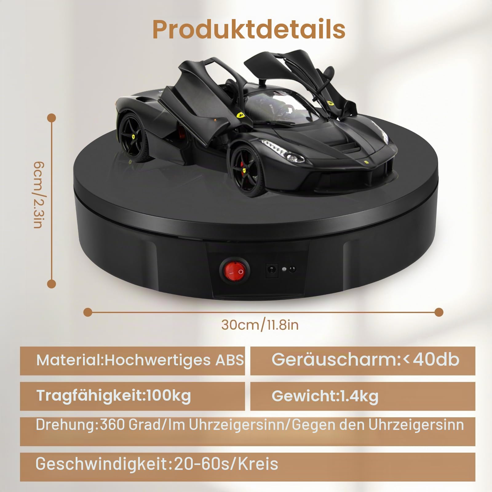 Elektrischer Drehteller, 30CM 100KG Elektrischer Drehbarer, 360° Richtung und Geschwindigkeit Einstellbar Automatisch Motorisierter Drehständer zur Präsentation von Uhren(Schwarz)