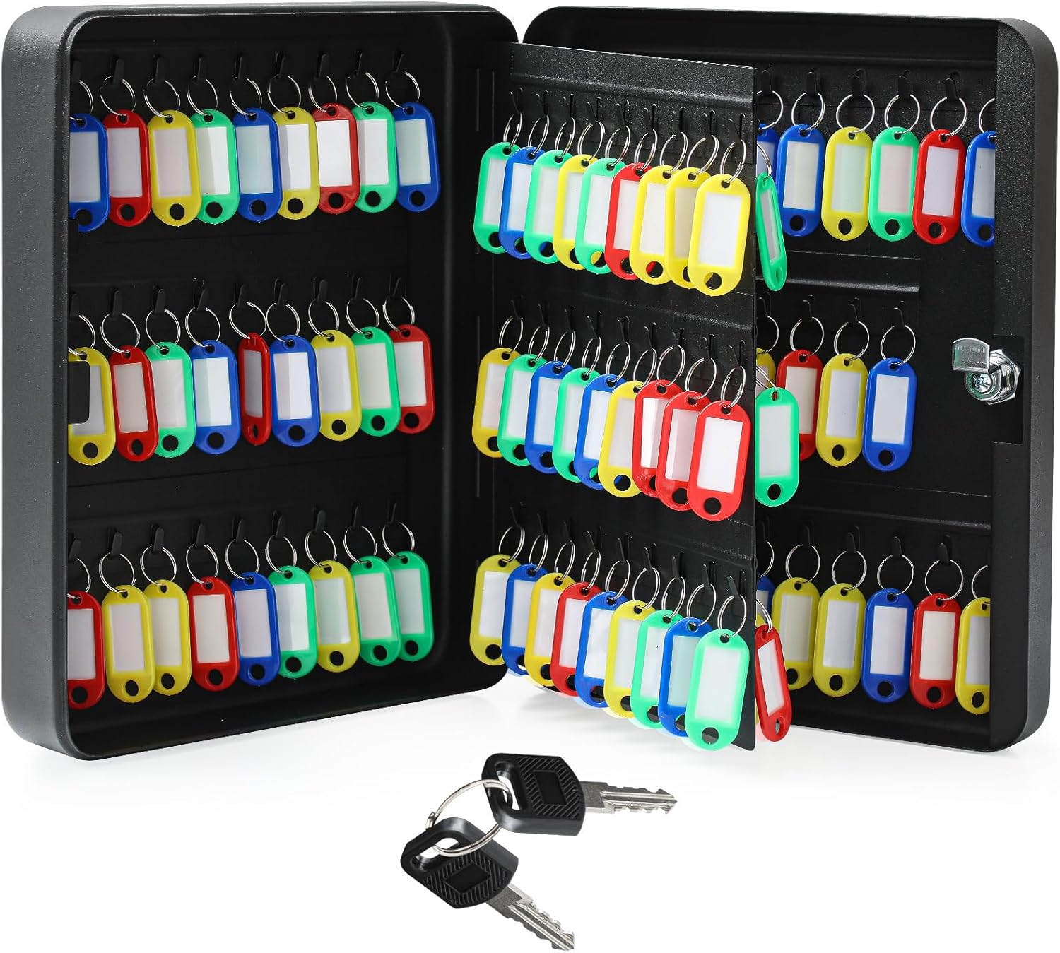 Ripeng 108-Keys Steel Key Lock Box - Wall Mount Key Cabinet with Colorful Secure Tags & Hooks Keys Organizer Storage for Home Office Hotel Rental Business Property Management, Black
