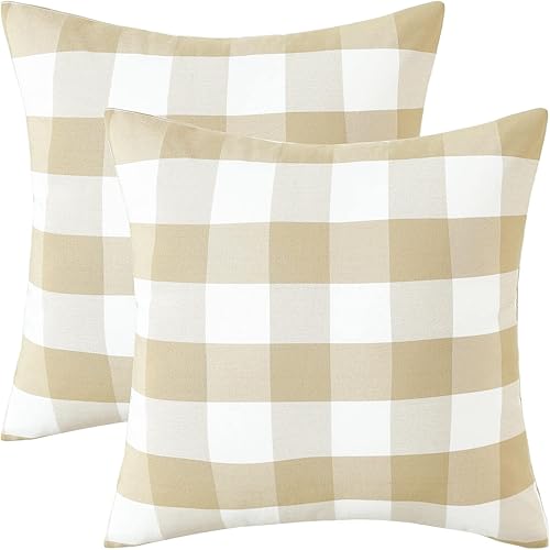 VOGOL Paquete de 2 fundas de almohada a cuadros beige y blanco, 18 x 18 pulgadas, fundas de cojín decorativas para sala de estar, sofá, cama, sofá,
