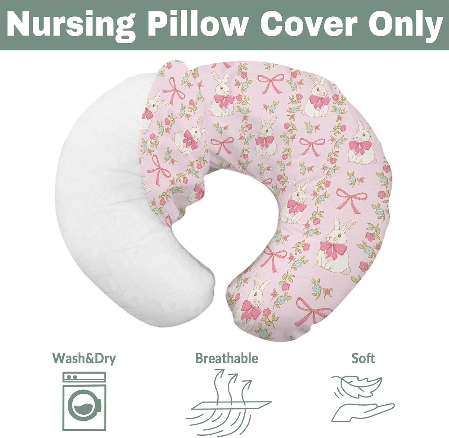 Preppy Bunny Easter Baby Nursing Pillow Covers for Boy Girl Pink Easter Rabbits Bows Floral Nursing Pillow Slipcovers for Breastfeeding Pillows Spring Garden Soft Stretchy Cover for Newborn Infant