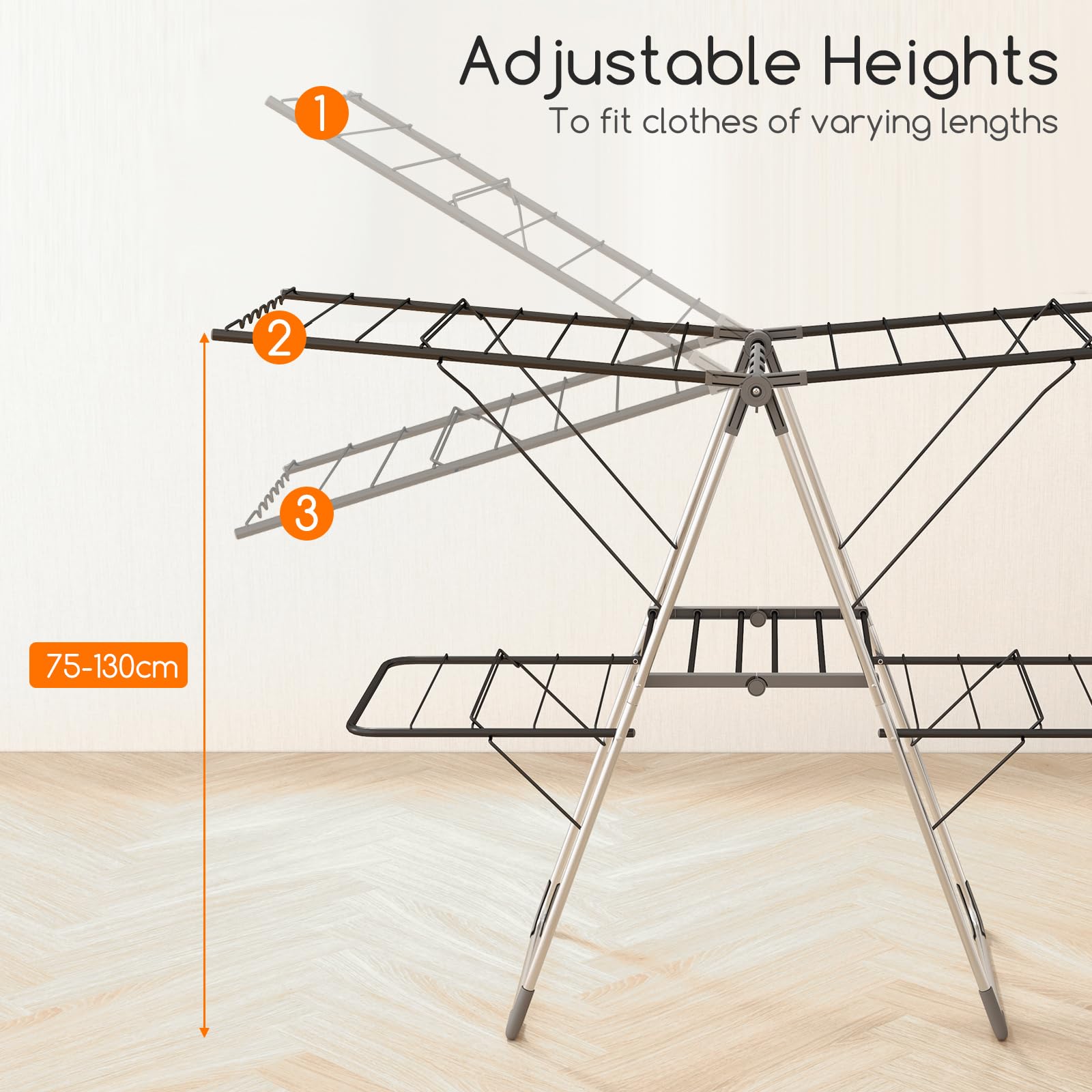 GIANTEX Stendibiancheria a 2 Livelli Pieghevole, Ali Estensibili 75-130 cm, Struttura in Acciaio con 33 Aste, Modello Autoportante per Casa e Giardino