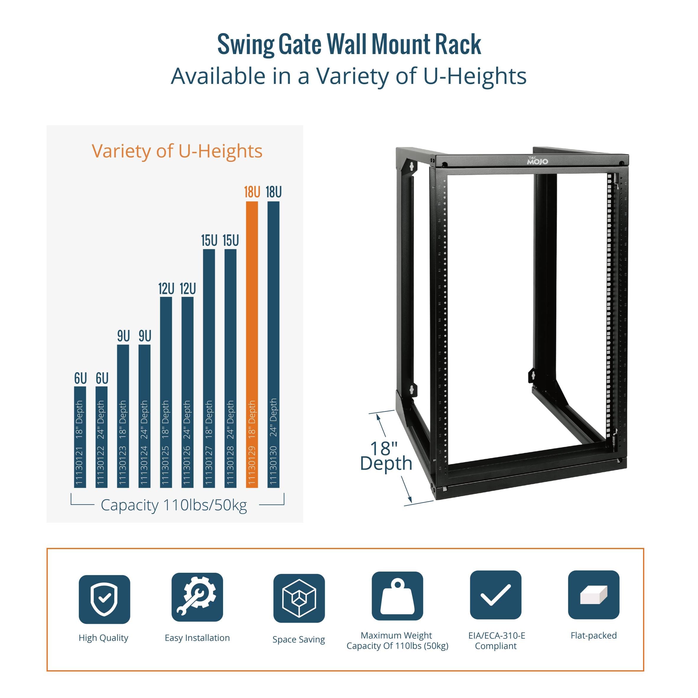 Tecmojo 12U Wall Mount Open Frame Network Rack, Swing Out Hinged Door 18 Inch Depth