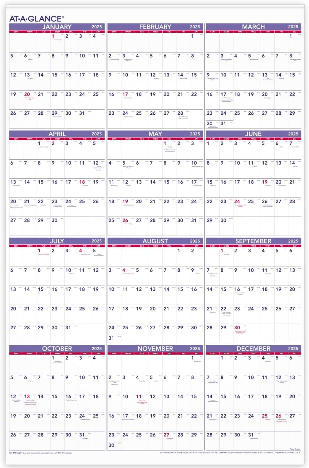AT-A-GLANCE 2025 Wall Calendar, Monthly, 24" x 36", Extra Large, Paper (PM122825) 2025 New Edition 1-Sided