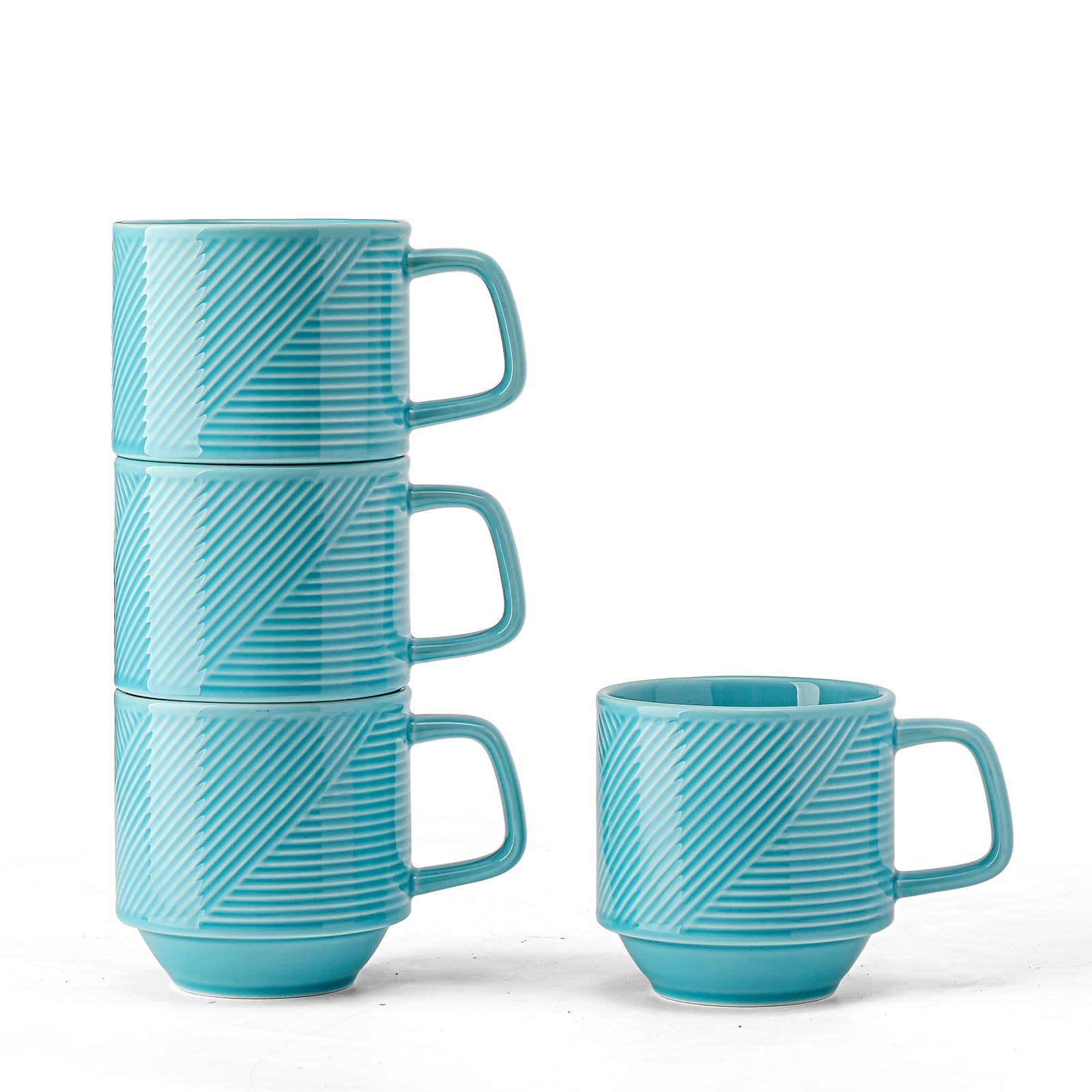 Adewnest Stackable Coffee Mugs Set: 13 oz Ceramic Stacking Cups for Cappuccino Latte Tea - Microwave Safe Mug for Home & Office - 4 PCS, Turquoise
