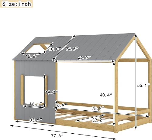 Miniatura 2 de MERITLINE Cama individual para niños, cama Montessori Playhouse con base de cama individual de madera maciza con techo y ventana, cama individual